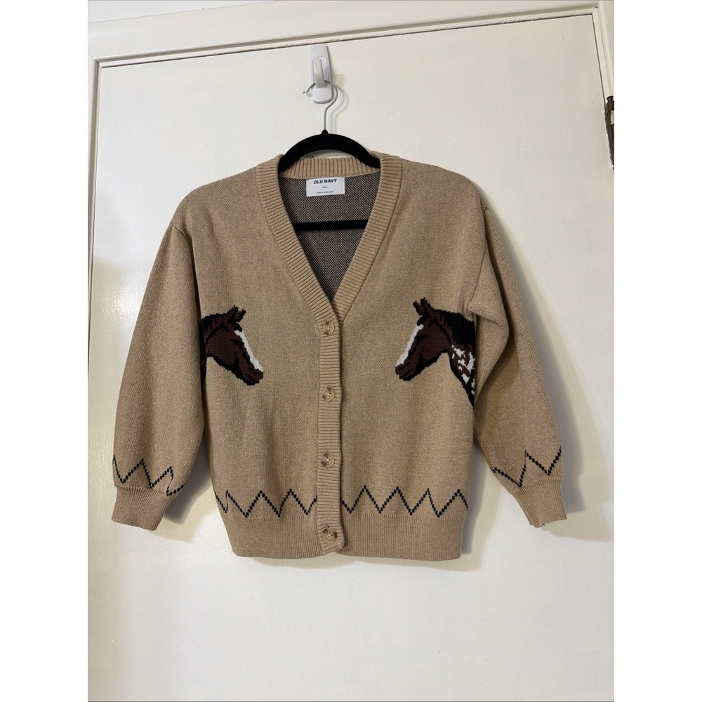 Old Navy Horse Cardigan Youth Sz M 8 Sweater Camel Tan V Neck Equestrian